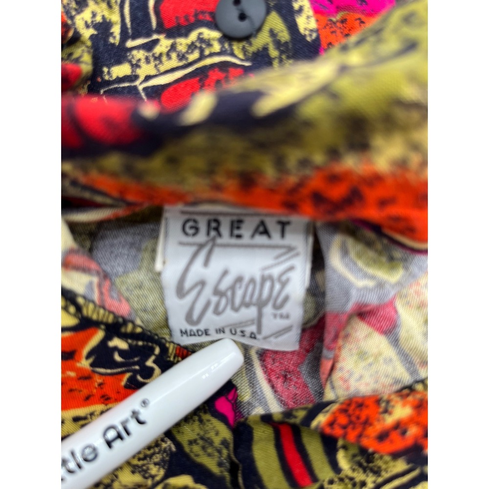 Vintage Great Escape 2 Piece Set Abstract Rayon Shirt Shorts Pink Orange Large